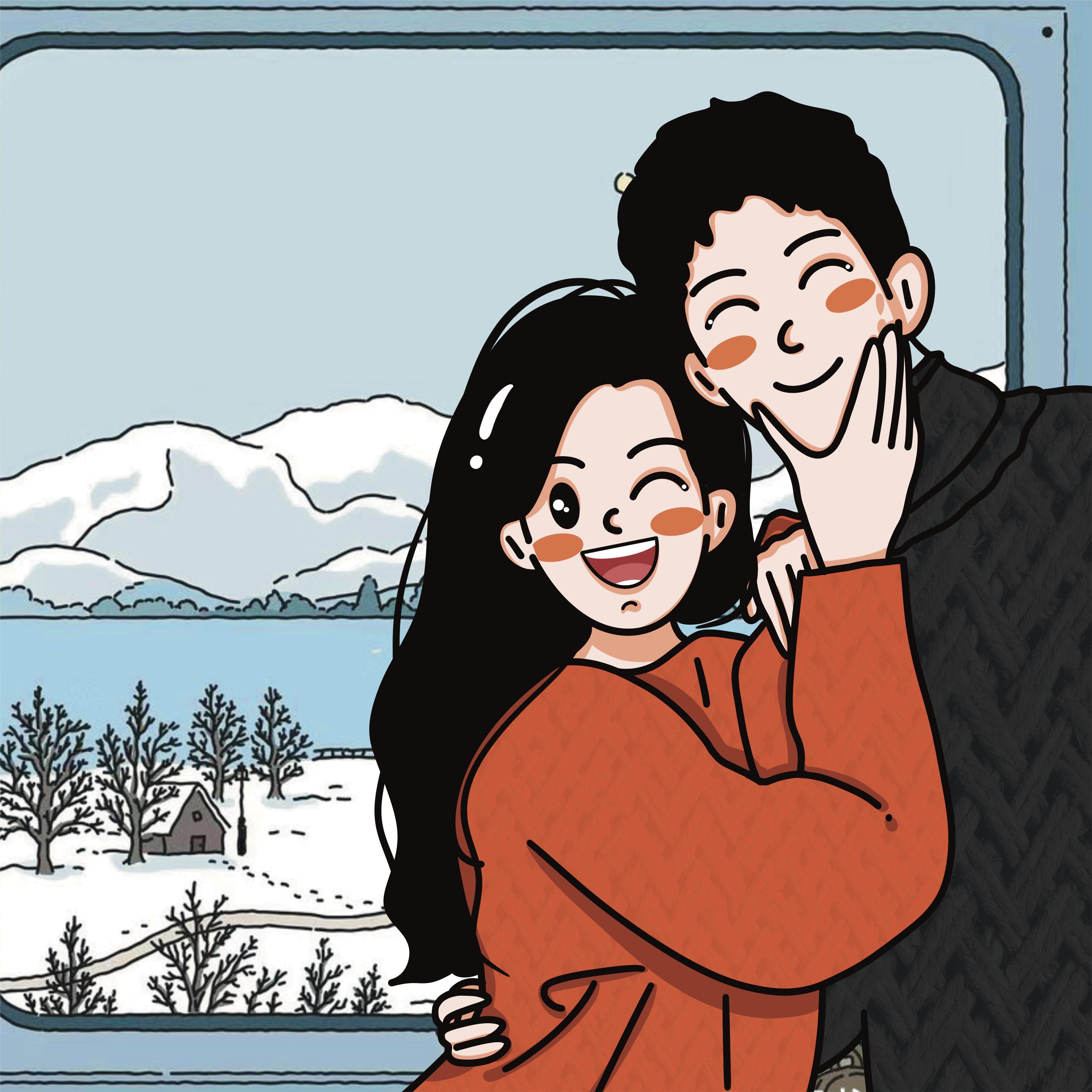 手绘q版情侣婚礼婚纱照定制卡通人物