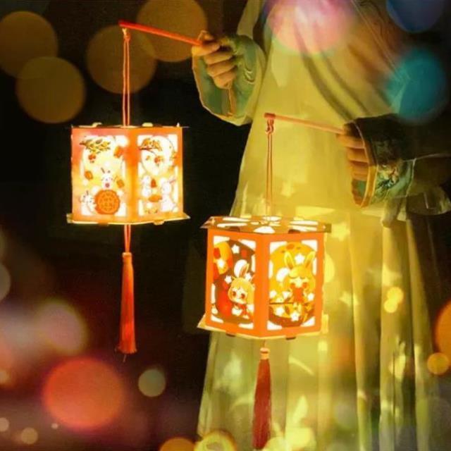 元宵灯笼2024新款diy材料包儿童手提式卡通纸灯发光投影兔子花灯