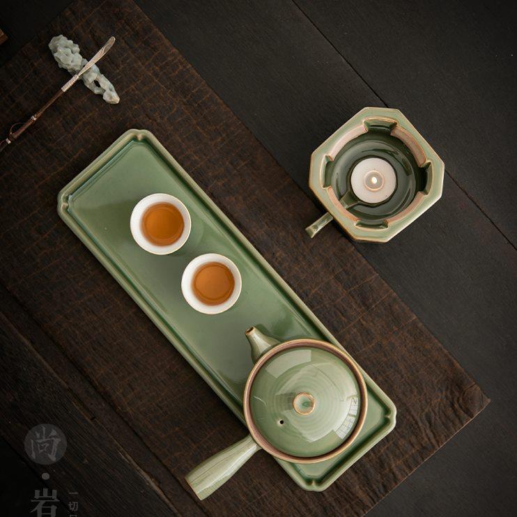 复古茶盘竹青色陶瓷干泡盘长方形茶托盘1壶2杯泡茶托小茶台寿司盘
