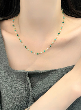 棉左女绿色水晶串珠项链女