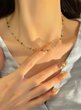 棉左女彩色水晶串珠项链
