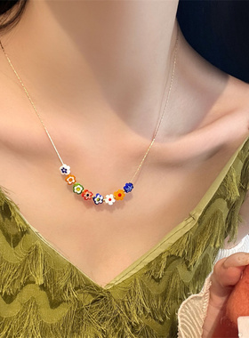 棉左女彩色琉璃花朵串珠项