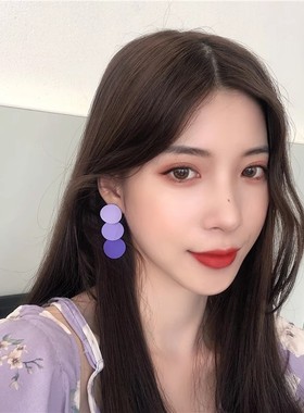 S925银针2023年新款时尚紫色圆片耳环韩国气质长款超仙女耳钉A171