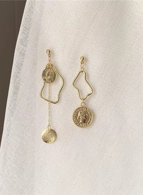 S925银针 复古钱币欧美风几何不对称耳钉气质简约耳环耳夹女A148