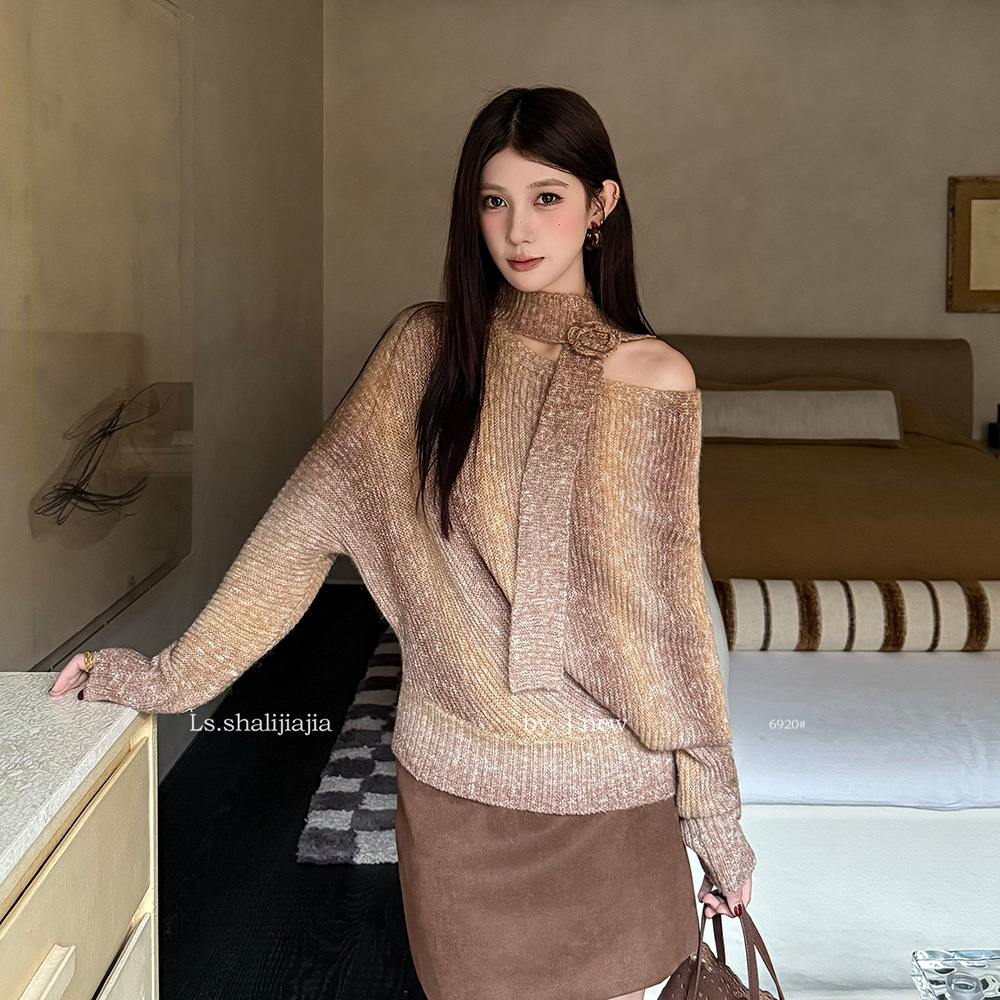 LS 优雅气质渐变斜肩针织上衣 广州十三行2025秋冬新品女装6920#