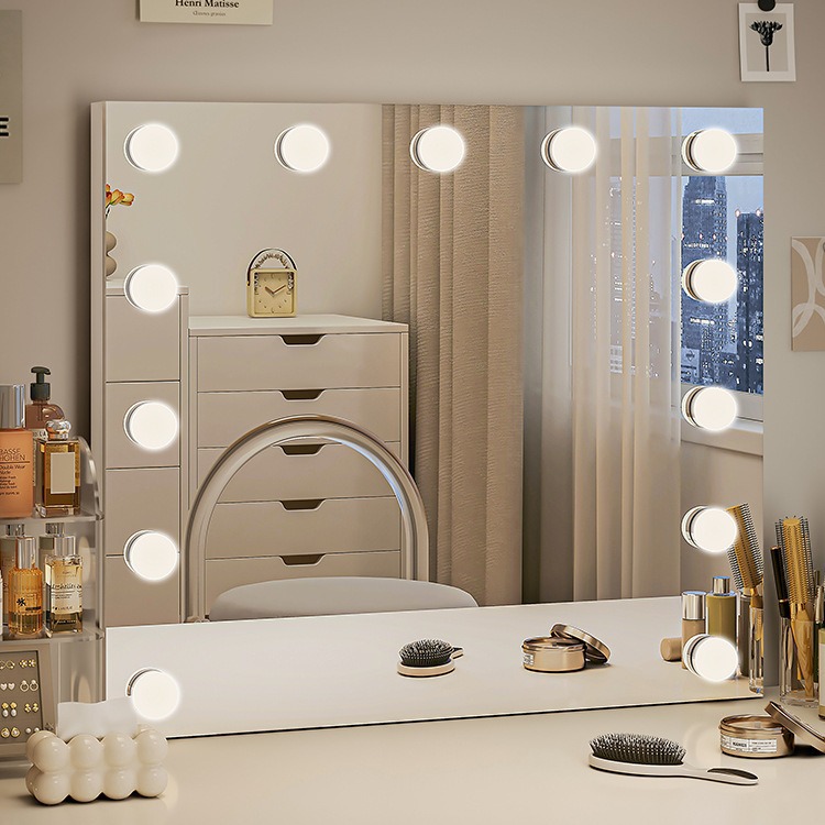 网红化妆镜梳妆台镜子带灯泡led家用卧室少女宿舍桌面补光智能镜
