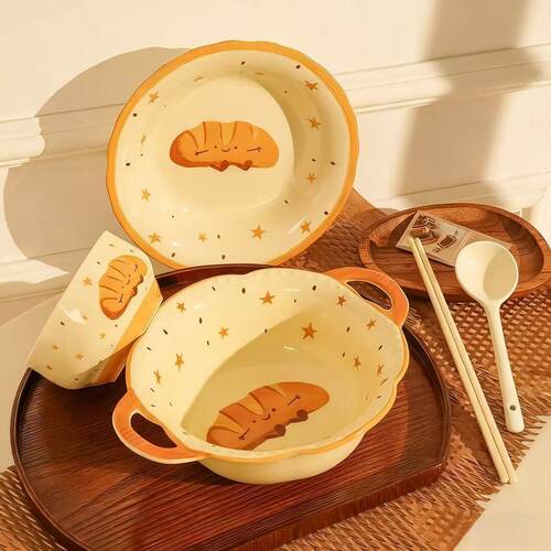 烤面包可颂一人食碗盘套装可爱陶瓷饭碗大面碗餐具学生宿舍高颜值
