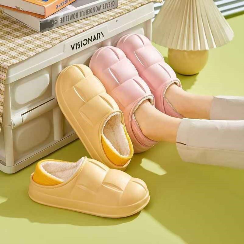 防水家居花瓣棉鞋女秋冬季保暖情侣薄底包跟室内加绒加厚棉拖鞋