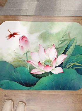 新中式荷花蜻蜓地毯家居客厅卧室防滑垫中国风绿色植物花卉地垫