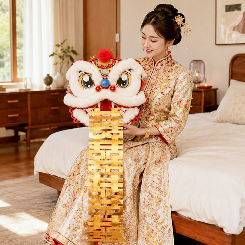 新中式婚房布置金色喜字帘装饰