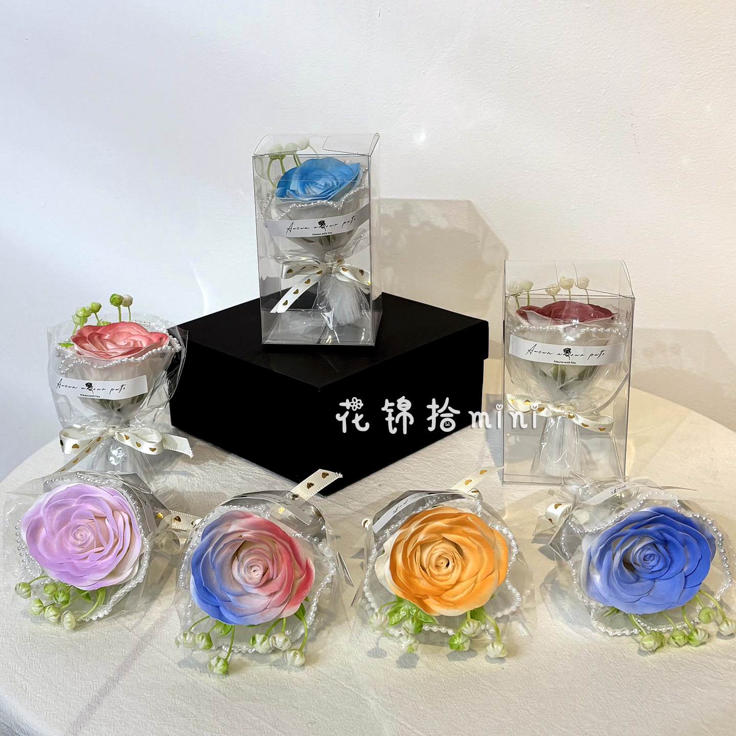 心语玫瑰MINI小花束永生花香皂花仿真花送透明礼盒节日小礼物装饰