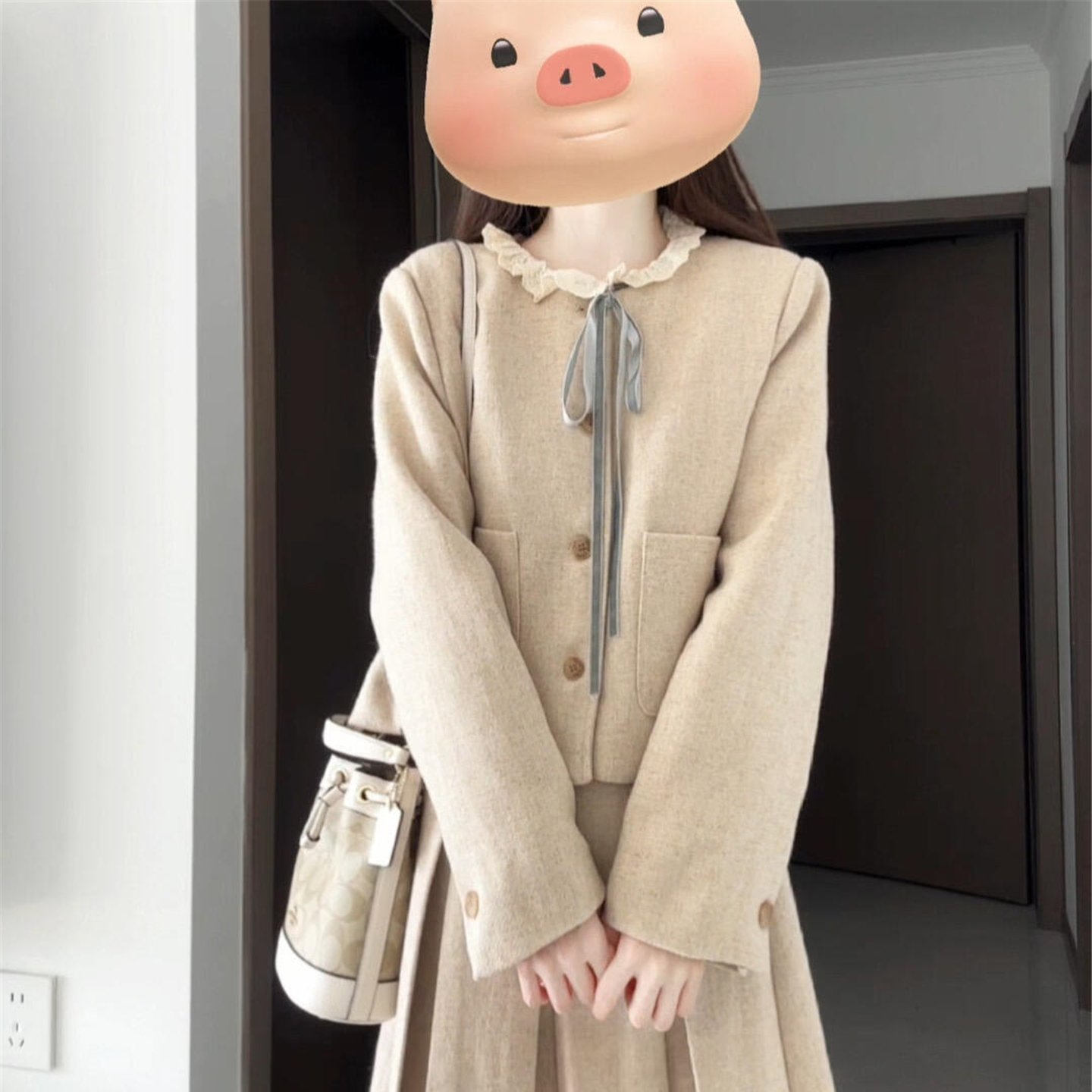 韩系千金感秋冬穿搭一整套小香风毛呢短外套上衣半身长裙两件套装