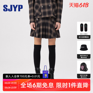 韩国SJYP复古学院风撞色格子百褶半身裙 新款 2023秋季