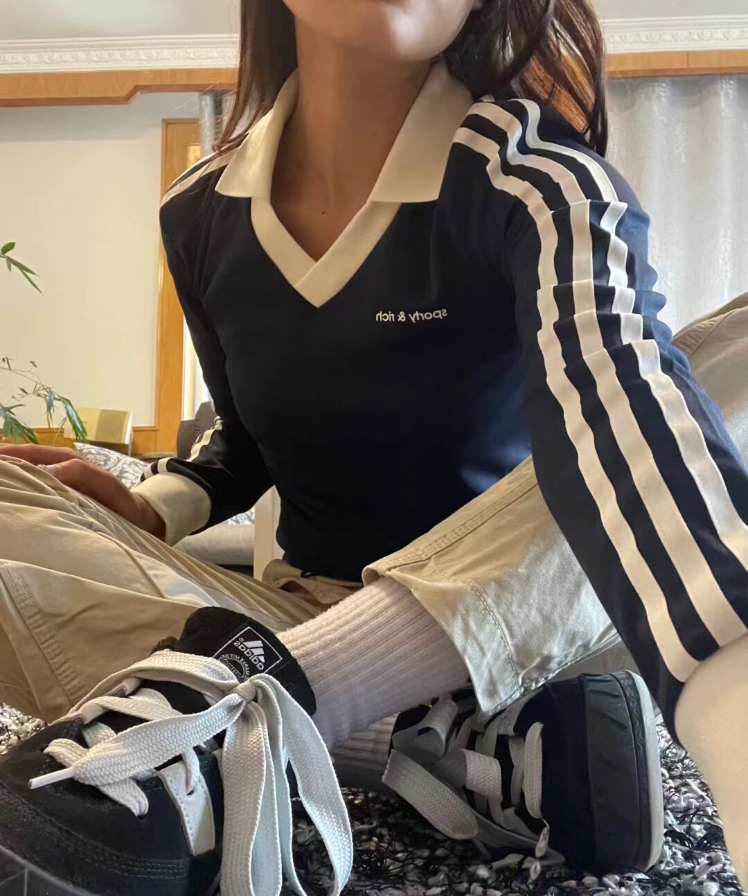 美式辣妹翻领运动长袖t恤显瘦