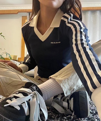 美式辣妹翻领运动长袖t恤显瘦