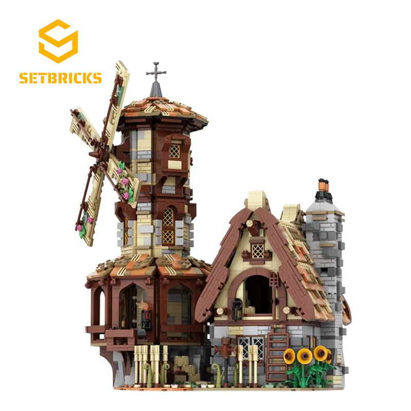 SETbricks街景建筑中世纪风车磨坊模型小颗粒拼装积木益智玩具