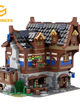 SETbricks街景建筑铁匠铺中世纪场景模型小颗粒拼装积木益智玩具
