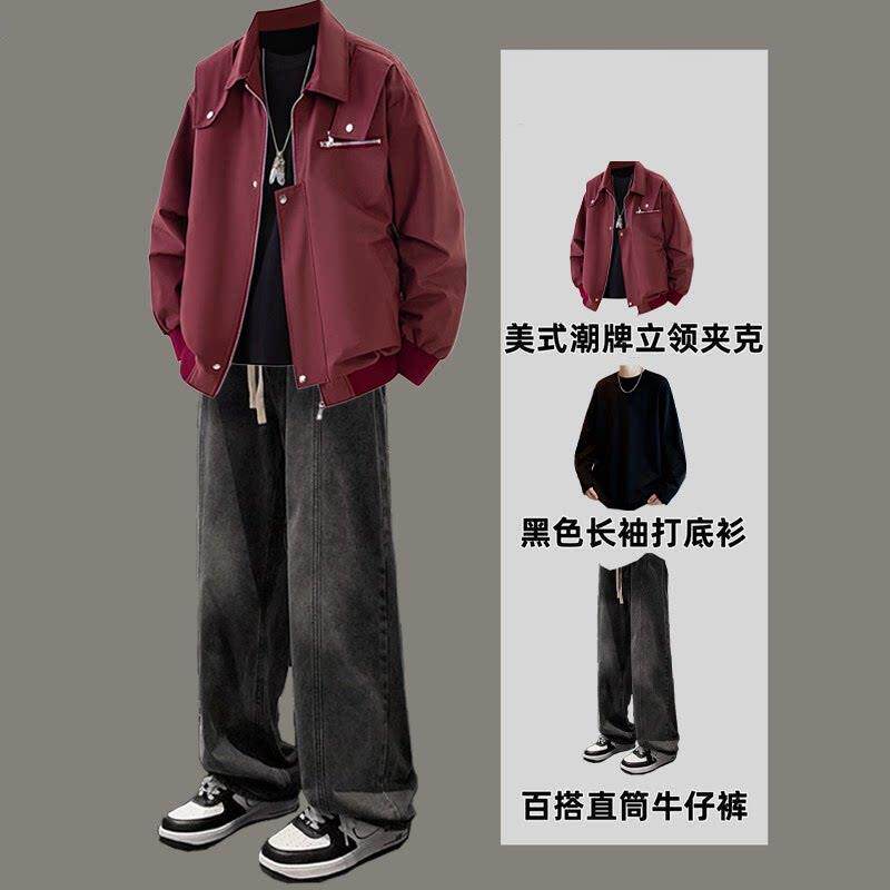 潮牌美式工装外套套装男春秋2026新款潮流休闲牛仔裤男装搭配一套