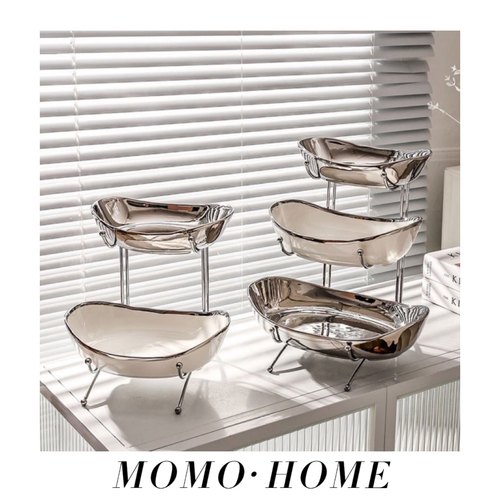 MOMO 双层多层水果盘简约陶瓷元宝干果盘时尚电镀果篮果盆
