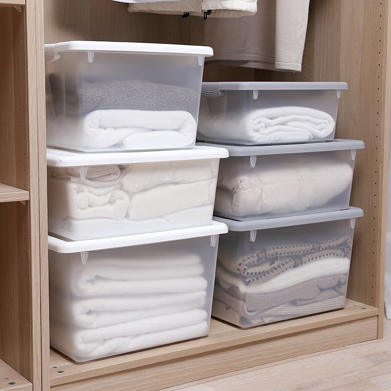 Plastic see-through storage boxes for clothes and snacks