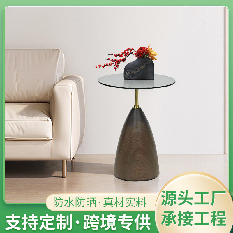 轻奢玻璃圆茶几木纹底座