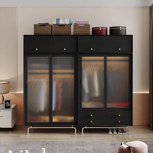 轻奢实木推拉门衣柜黑色简约推门玻璃衣橱双门家用卧室现代收纳柜