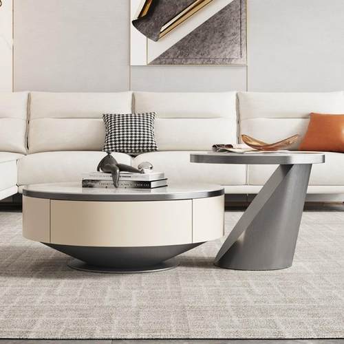 意式轻奢岩板茶几圆形大小组合带抽屉创意设计师客厅家用现代简约