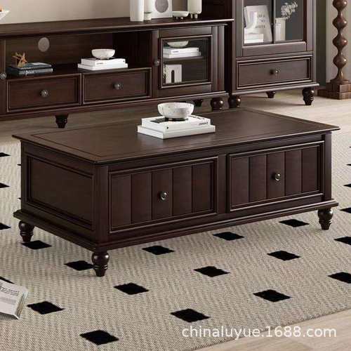 2024美式乡村实木茶几客厅茶几带抽储物木制茶几复古茶水桌