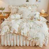 床上四件套网红床裙款 100纯棉小清新公主风花边被套四季 通用