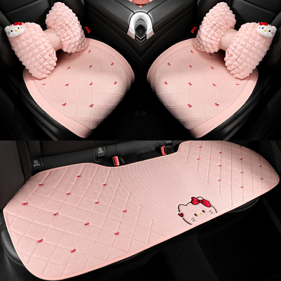 亚麻卡通汽车坐垫四季通用可爱猫咪夏天透气凉垫女神粉色半包座套