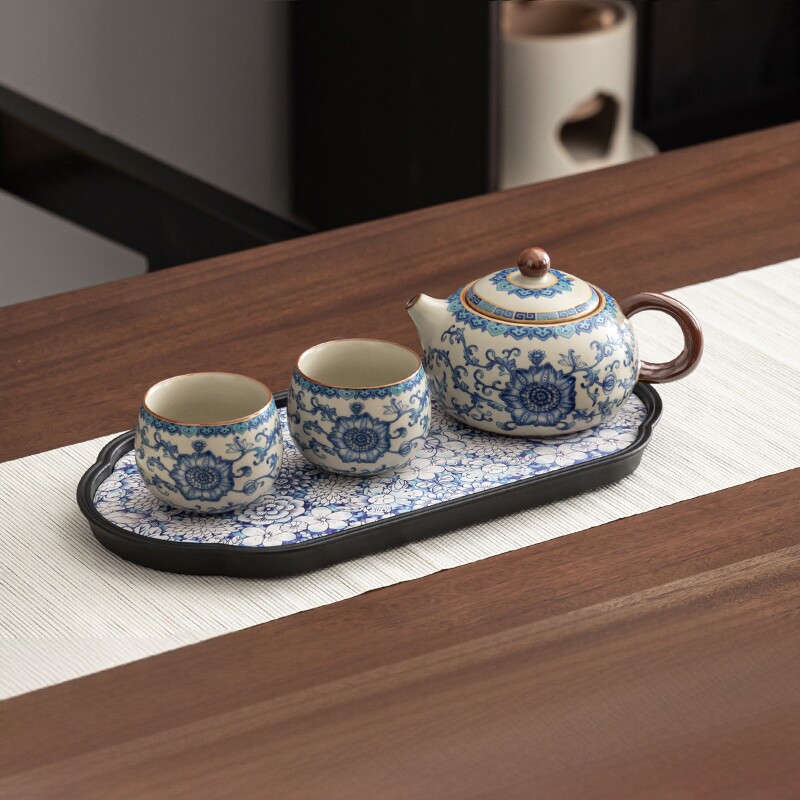 汝窑青花一壶两杯功夫茶具小型套装陶瓷茶壶茶盘一两人喝茶泡茶器