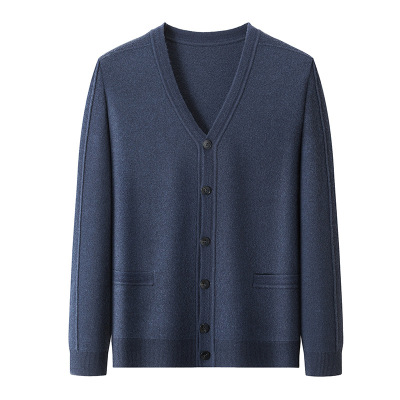 高端男式羊毛衫开衫秋冬加厚单排扣羊毛针织外套V领口袋外穿上衣