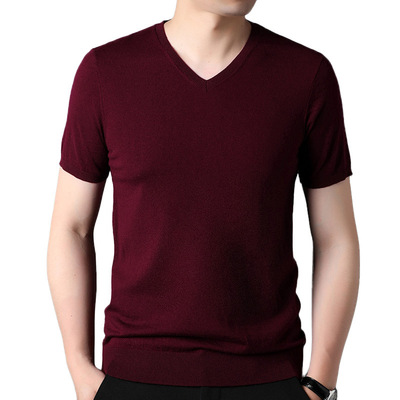 夏季新款纯羊毛t恤男款短袖羊毛衫薄款V领针织体恤衫半袖打底上衣
