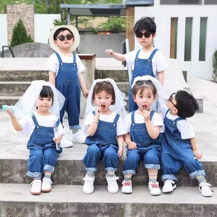 幼儿园园服夏季毕业照服装牛仔背带裤表演服六一儿童拍照衣服