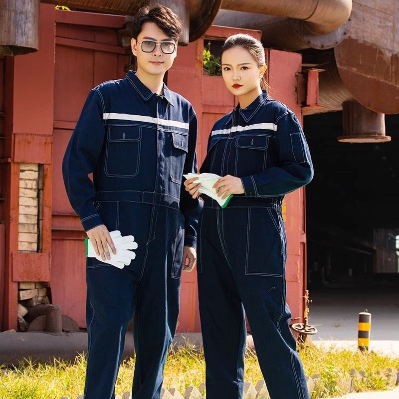牛仔连体服带反光条带帽男春秋