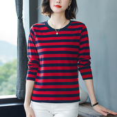 内搭打底衫 2026春秋衣外穿中年妈妈纯棉长袖 条纹t恤女士宽松大码