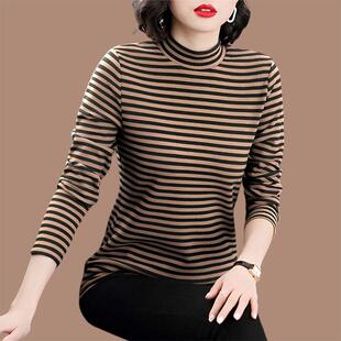 保暖加绒双面德绒打底衫女2025新款半高领长袖宽松内搭T恤条纹衣
