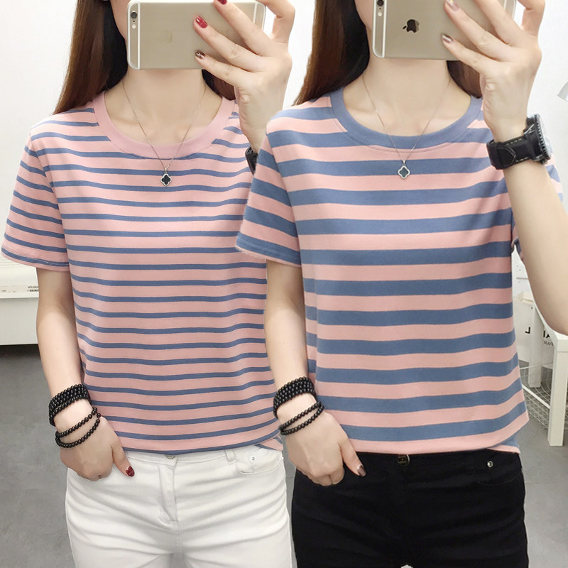 条纹纯棉短袖t恤女夏装新款中年妈妈洋气大码宽松显瘦遮肚体恤衫