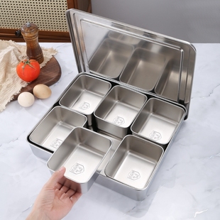 304不锈钢带盖调味盒套装家用收纳盒八格316商用摆摊调料盒食品级