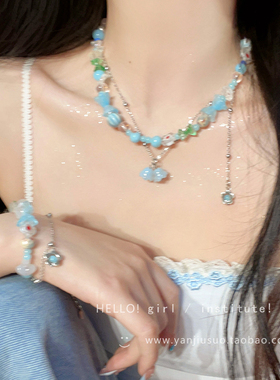 夏季蓝色多巴胺花朵项链女2025新款爆款颈链设计感叠戴串珠锁骨链