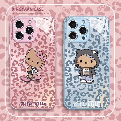 豹纹黑皮kitty猫手机壳适用苹果