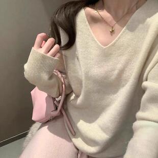 100%纯羊毛女V领韩版宽松毛衣鸡心领套头内搭羊毛软糯针织打底衫