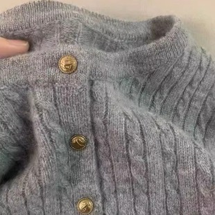 100%纯羊毛开衫女秋冬款麻花慵懒高级感小金扣羊毛针织衫外套毛衣