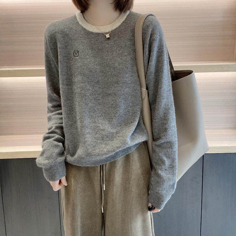 韩版圆领薯条刺绣羊毛针织衫女时尚休闲拼色毛衣春秋薄款打底上衣