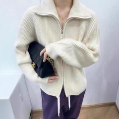 纯羊毛拉链开衫外套女秋冬立领针织白色宽松慵懒加厚高级感毛衣潮