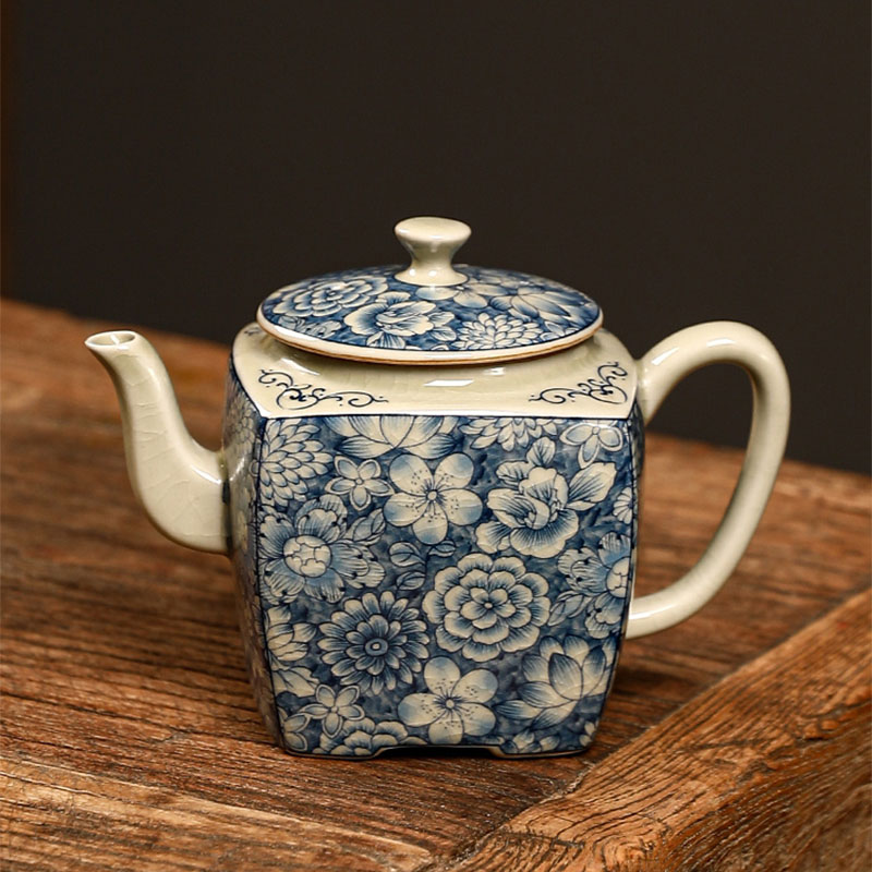 苍岚青花汝窑茶壶老陶泥高档四方泡茶壶家用开片陶瓷单壶功夫茶具