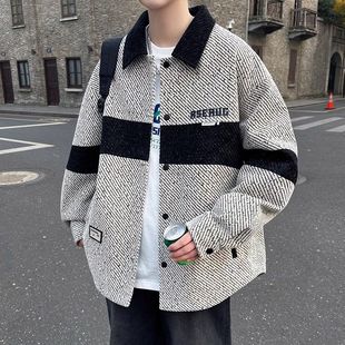 春秋季男装外套男生潮流宽松小香风翻领夹克男款青少年大童上衣服