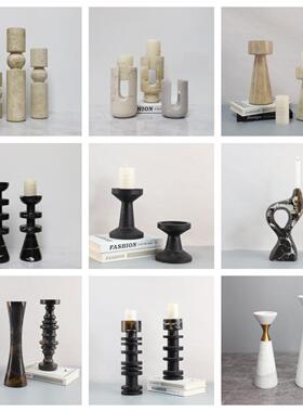 北欧简约大理石黄洞石几何烛台摆件复古样板间酒店客厅餐桌装饰品