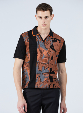 LIU·JO UOMO黑橙色拼接撞色几何印花图案POLO领V领短袖T恤夏季男