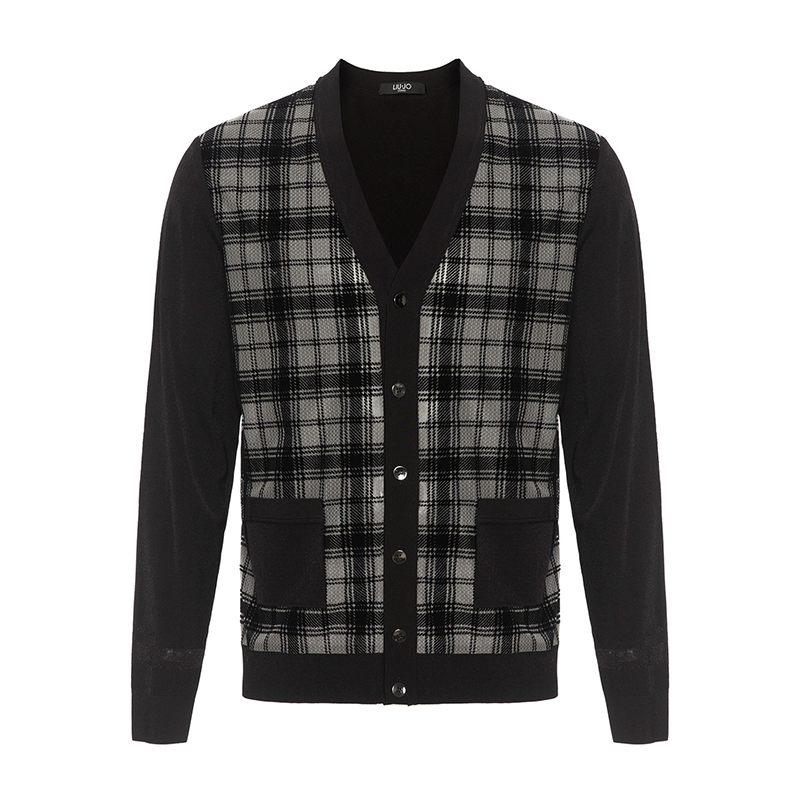 黑灰经典格纹开衫毛衣